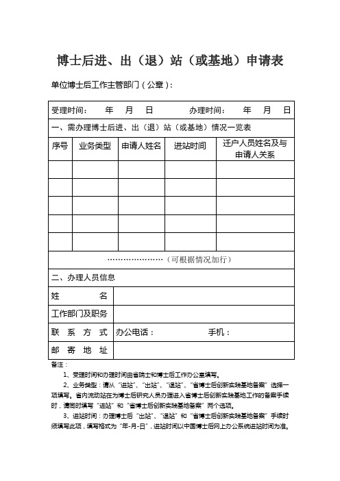 博士后进、(退)站(或基地)申请表