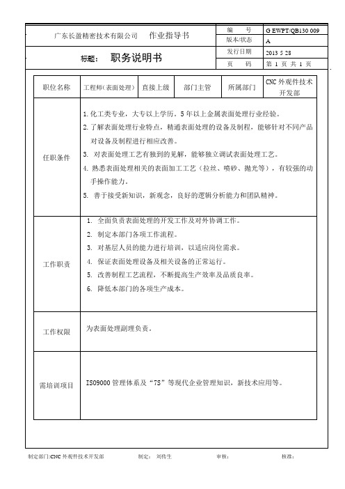 QB130-009 工程师(表面处理)职务说明书-A