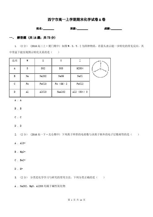 西宁市高一上学期期末化学试卷A卷(模拟)