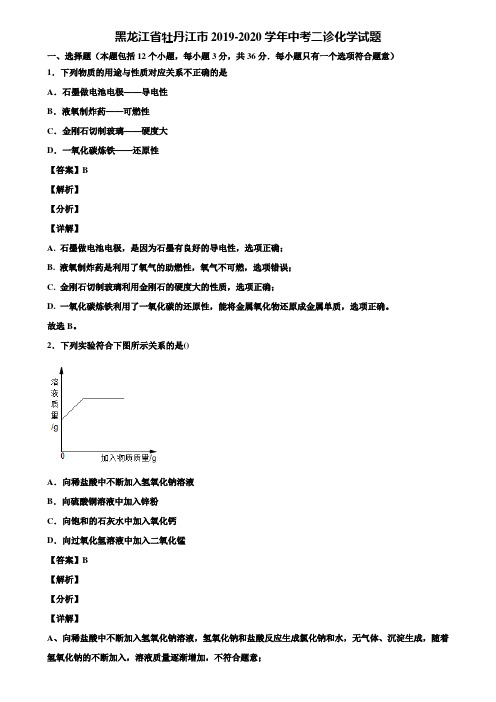 黑龙江省牡丹江市2019-2020学年中考二诊化学试题含解析