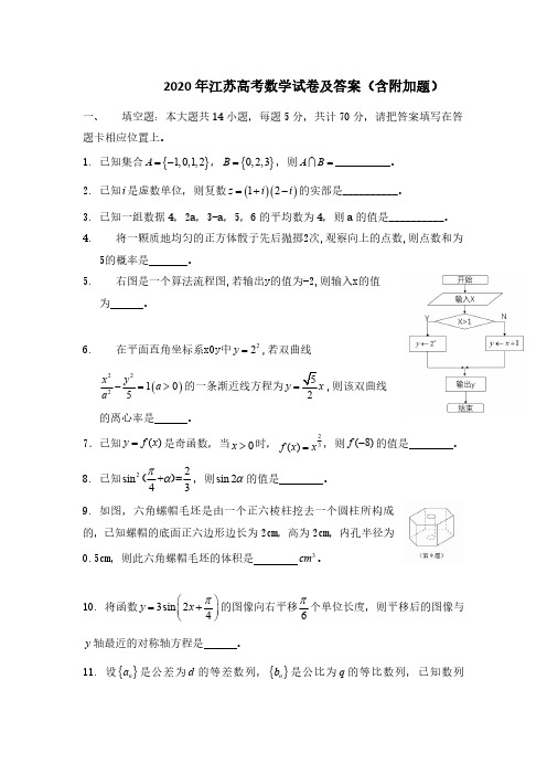 2020年江苏高考数学试卷及答案(含附加题)