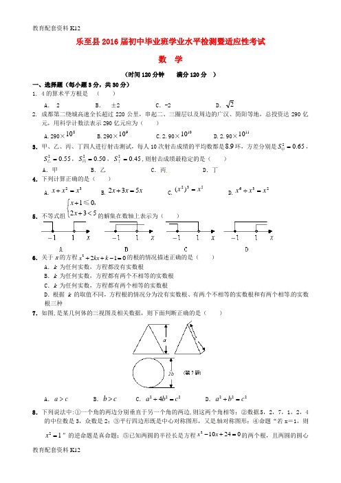 【配套K12】四川省资阳市乐至县2016届九年级数学第一次模拟试题