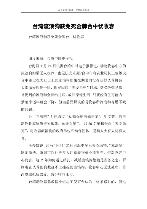台湾流浪狗获免死金牌台中忧收容