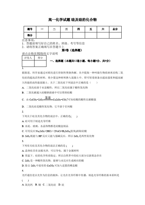 2020年高一化学试题 硅及硅的化合物