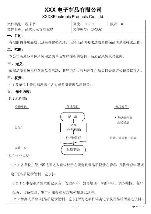 QP002-A 品质记录管理程序