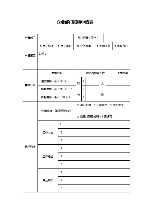 企业部门招聘申请表