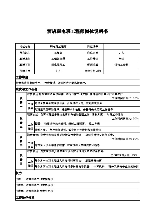 酒店弱电班工程师岗位说明书