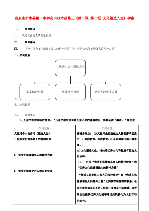 山东省沂水县第一中学高中政治《第二课 第二框 文化塑造人生》学案 新人教版必修3