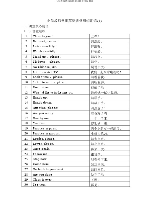 小学教育教师常用英语课堂组织用语
