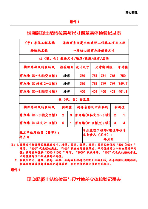 现浇混凝土结构位置与尺寸偏差实体检验记录表