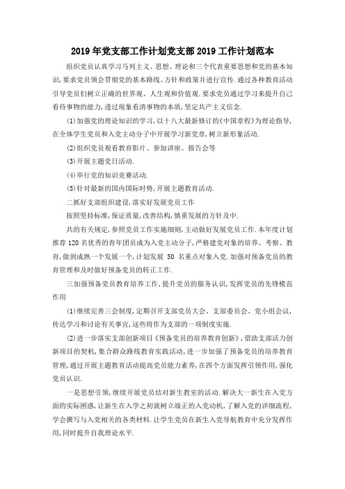 最新-2019年党支部工作计划 党支部2019工作计划范本 精品
