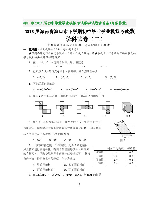 海口市2018届初中毕业学业模拟考试数学试卷含答案(寒假作业)