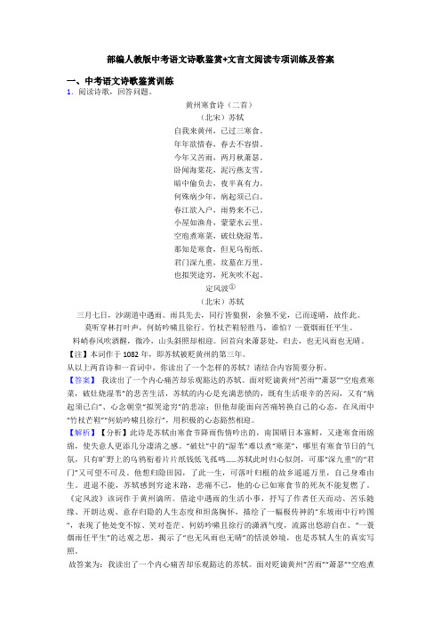 部编人教版中考语文诗歌鉴赏+文言文阅读专项训练及答案