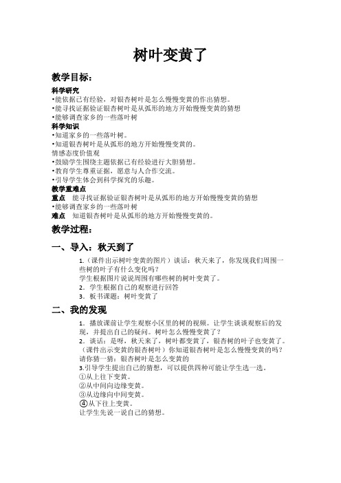 一年级科学上册教案  第3单元《9 树叶变黄了》  苏教版