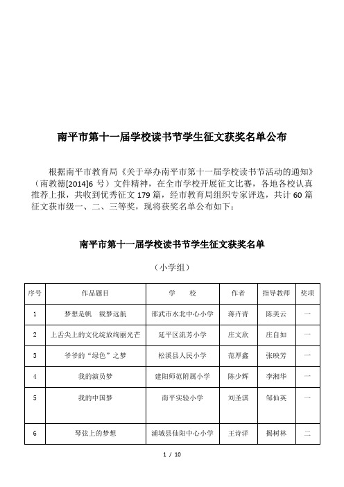 南平市第十一届学校读书节学生征文获奖名单公布