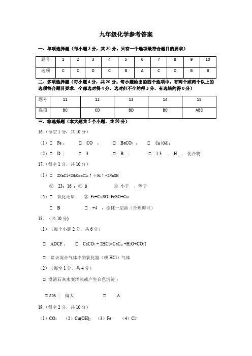 2021年山东省济南市平阴县中考一模化学参考答案