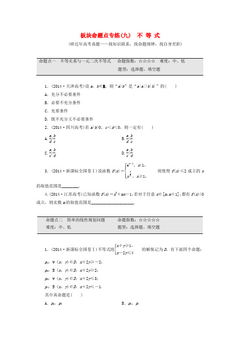 【三维设计】(新课标)高考数学大一轮复习 板块命题点专练(九)不等式(含解析) (2)