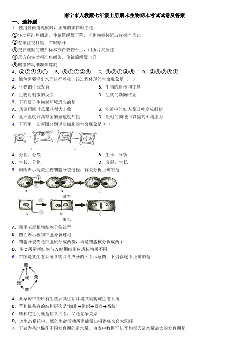南宁市人教版七年级上册期末生物期末考试试卷及答案