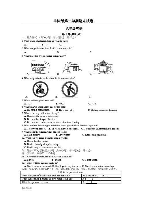 牛津版新八年级下学期期末考试英语试题及参考答案
