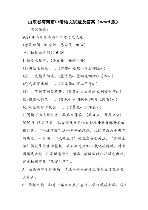 山东省济南市中考语文试题及答案(Word版)