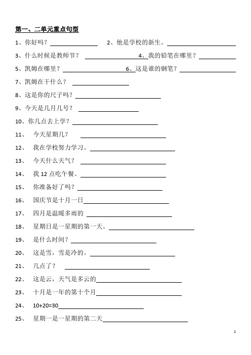 冀教版英语四年级下册一二三四单元重点句型填空及答案