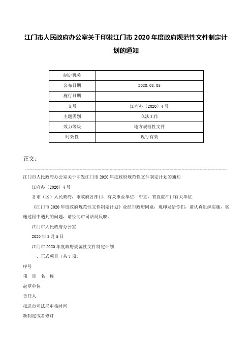 江门市人民政府办公室关于印发江门市2020年度政府规范性文件制定计划的通知-江府办〔2020〕4号