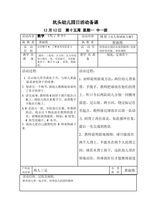 坑头幼儿园2011学年第一学期中一班备课,第15周星期1