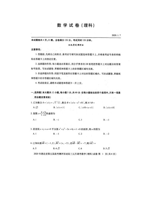 湖北省2020届高三上学期期末考试数学(理)试卷 PDF版含答案