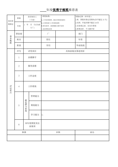 优秀干部推荐表选评标准