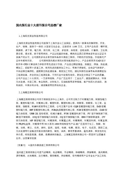 国内泵行业十大排污泵公司总榜厂家