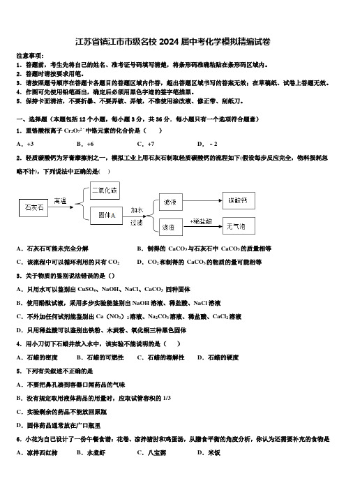 江苏省镇江市市级名校2024届中考化学模拟精编试卷含解析