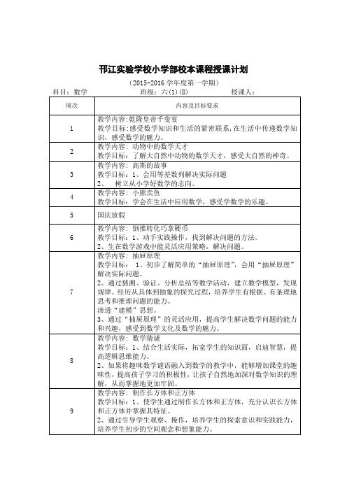 六年级上学期数学校本课程授课计划表