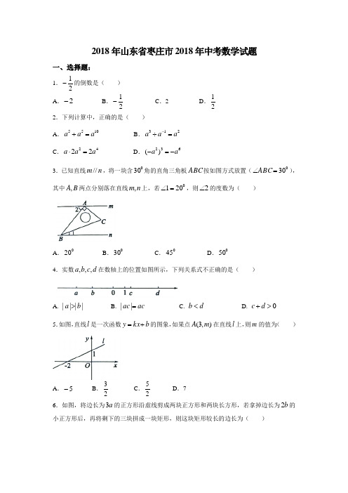 山东省枣庄市2018年中考数学试题(word版,无答案)