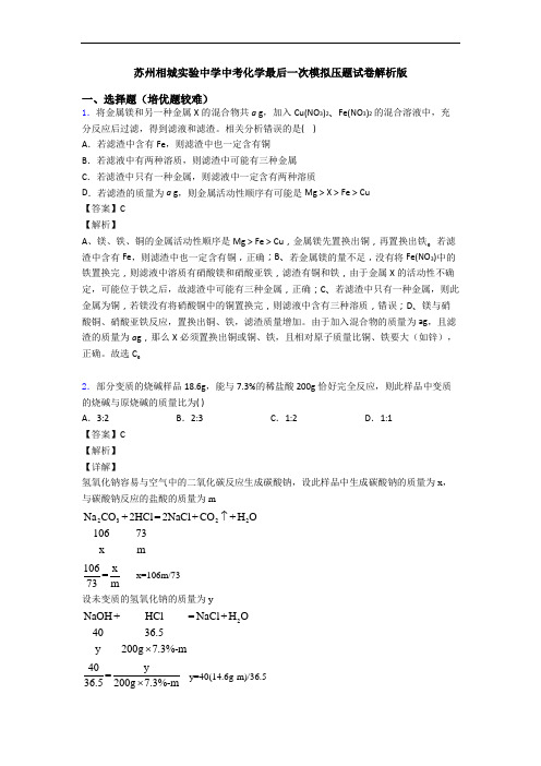 苏州相城实验中学中考化学最后一次模拟压题试卷解析版
