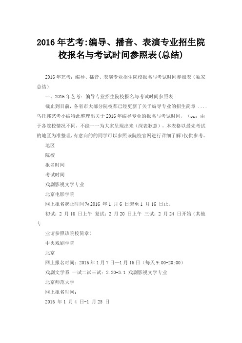 2016年艺考编导、播音、表演专业招生院校报名与考试时间参照表(总结)