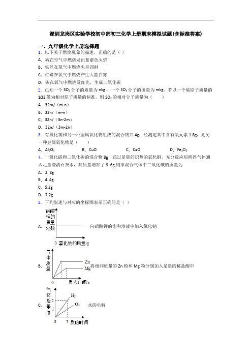 深圳龙岗区实验学校初中部初三化学初三化学上册期末模拟试题(含标准答案)