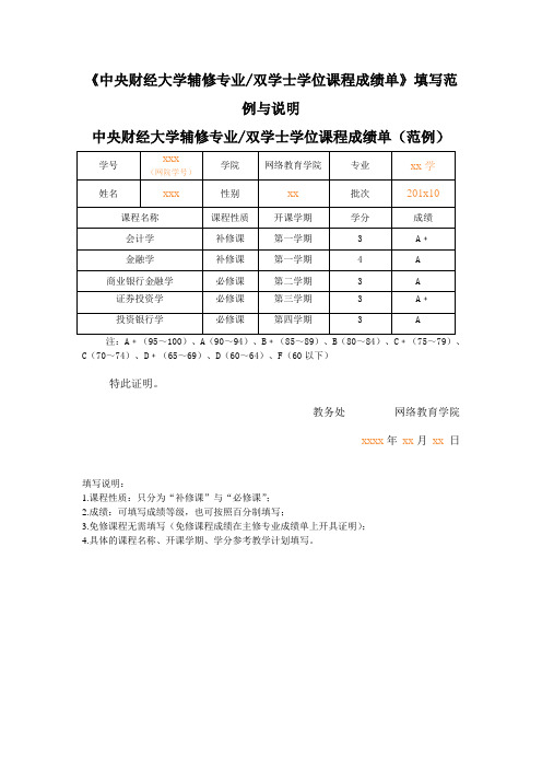 《中央财经大学辅修专业双学士学位课程成绩单》填写范例与说明