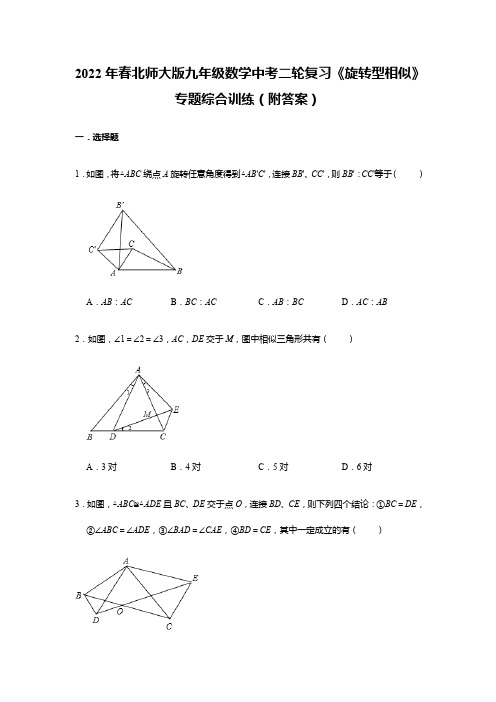 2022年北师大版九年级数学中考二轮复习旋转型相似专题综合训练