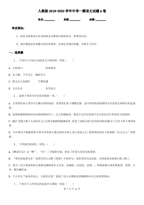 人教版2019-2020学年中考一模语文试题A卷(练习)