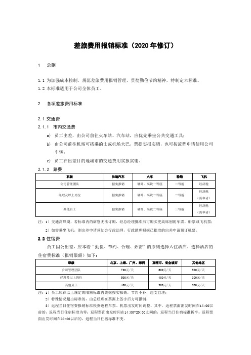 XX公司差旅费用报销标准(2020年修订)