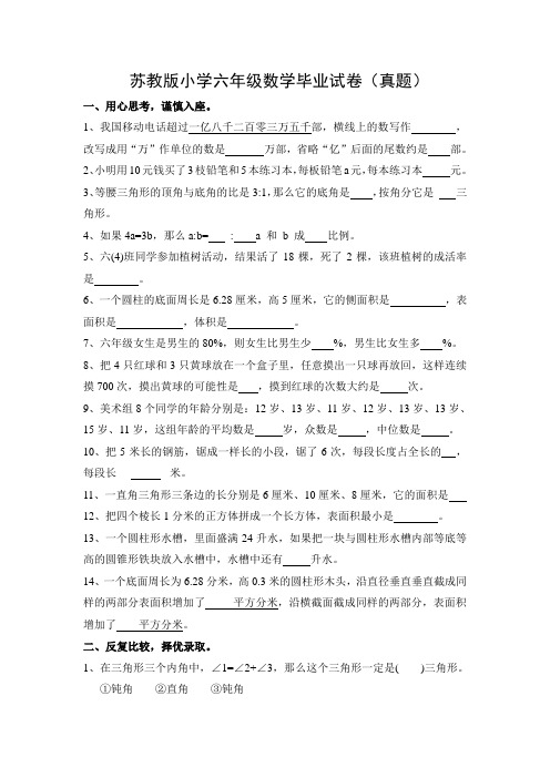 苏教版小学六年级数学毕业试卷(真题)及答案
