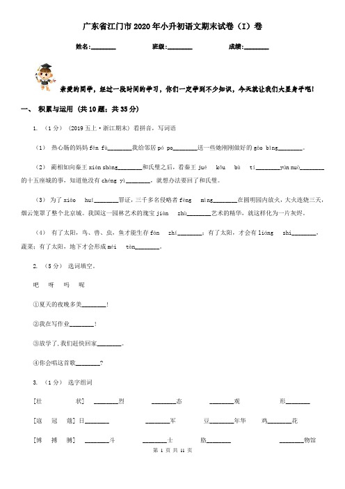 广东省江门市2020年小升初语文期末试卷(I)卷(考试)