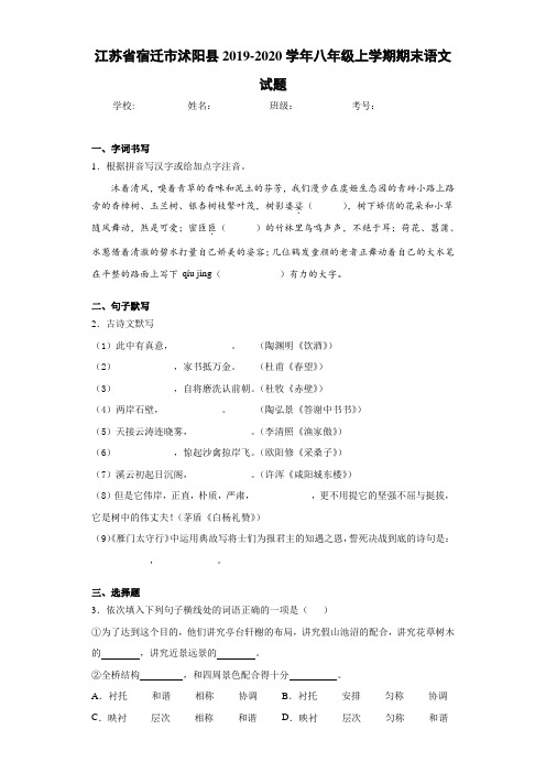 江苏省宿迁市沭阳县2020至2021学年八年级上学期期末语文试题