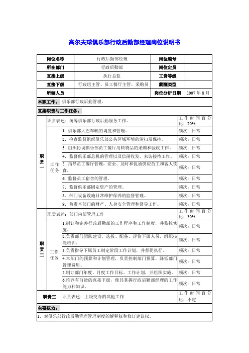 高尔夫球俱乐部行政后勤部经理岗位说明书