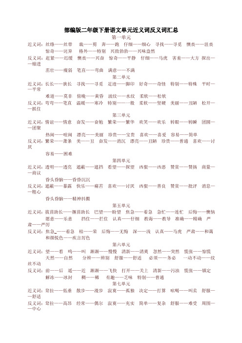 部编版二年级语文下册单元近义词反义词【精品】