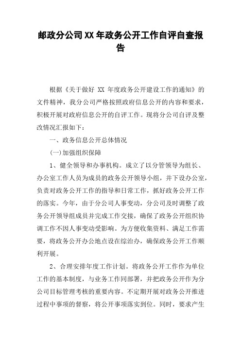 邮政分公司XX年政务公开工作自评自查报告