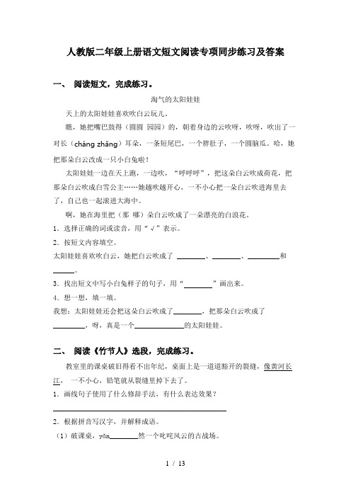 人教版二年级上册语文短文阅读专项同步练习及答案
