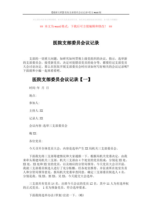 【最新文档】医院支部委员会议记录-范文word版 (4页)