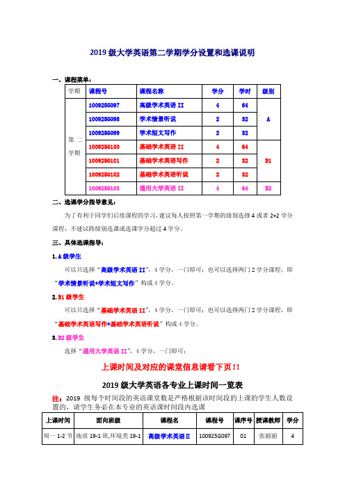 2019级大学英语第二学期学分设置和选课说明