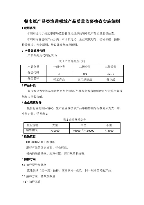餐巾纸产品类流通领域产品质量监督抽查实施细则